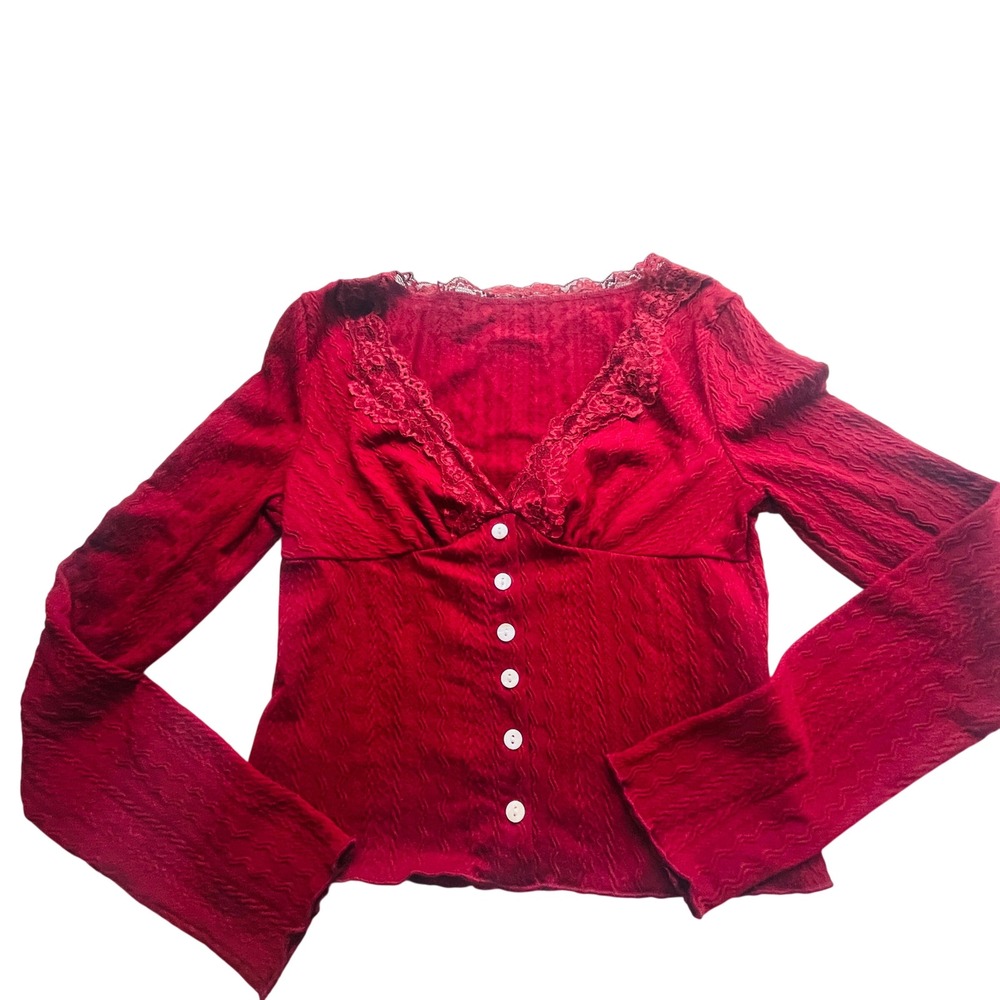 Womens Y2K Whimsigoth Babydoll Lace Top XS Red Long Sleeve Romantic Victorian